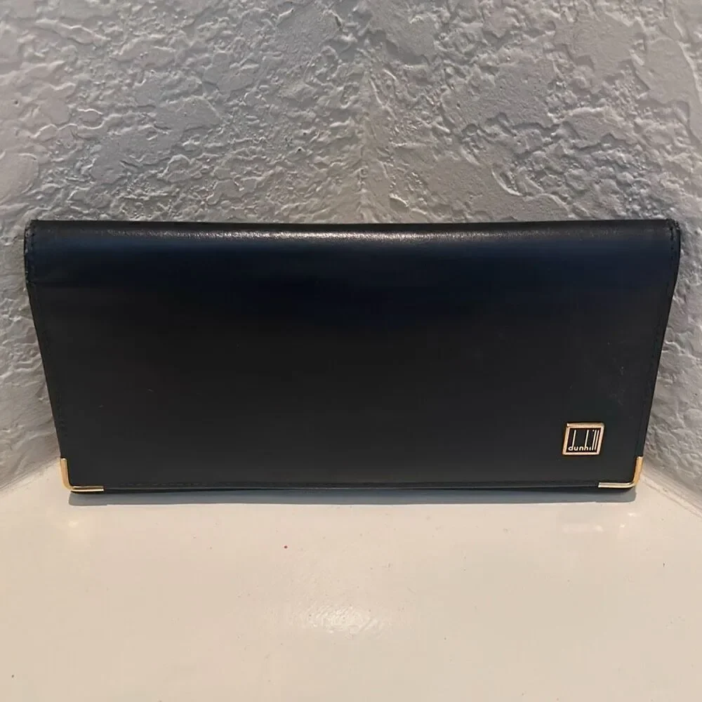 Dunhill Foldover Long Wallet Black Leather Checkbook Cardholder Travel Buisness